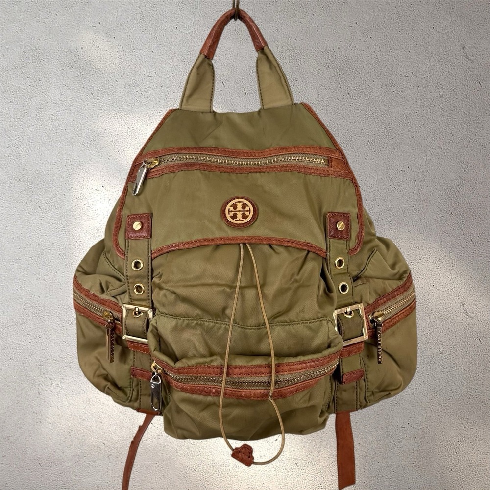 Tory‎ Burch Green Nylon Leather Backpack Zippered Drawstring Ella